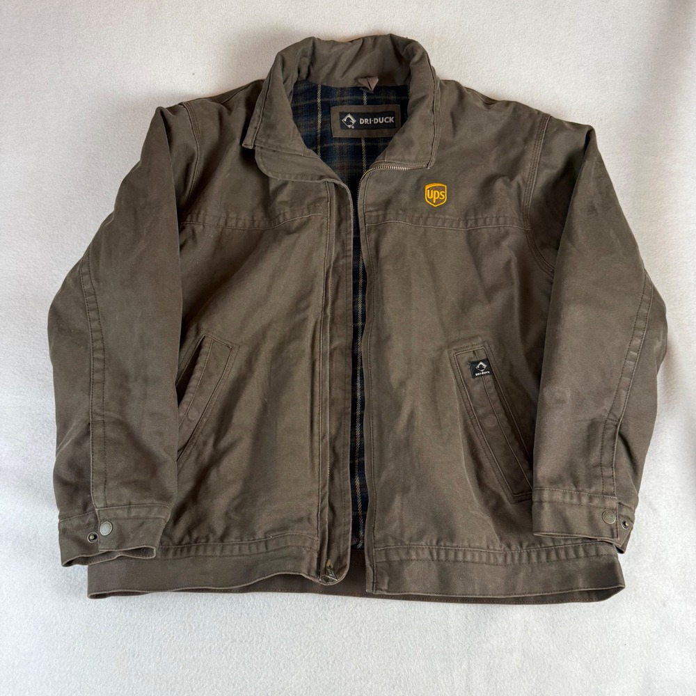 Dri Duck Mens Brown Canvas UPS Work Jacket Plaid Flannel Lined Size Large Coat
